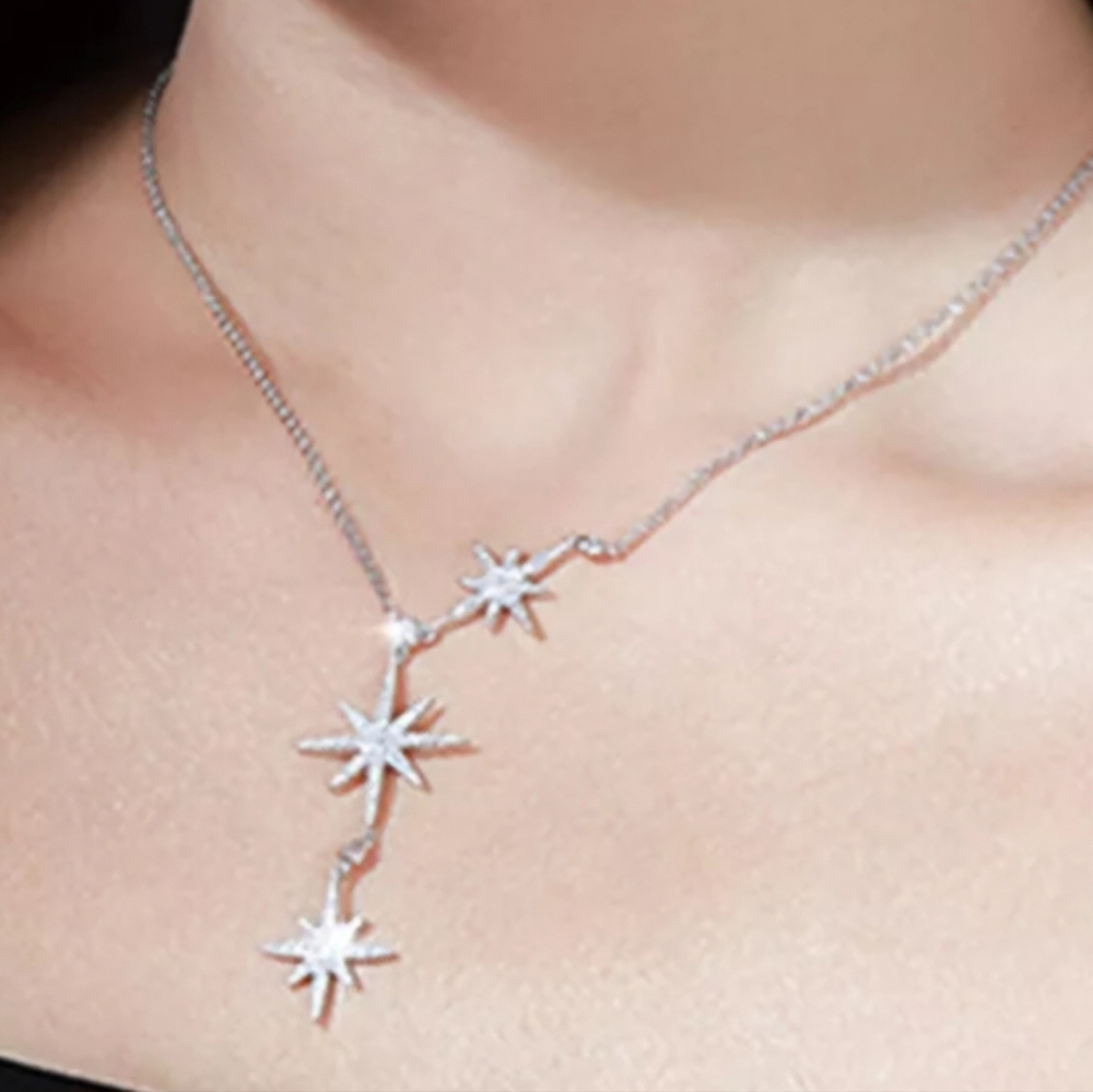 GORGEOUS SWAROVSKI 3 MICRO PAVE Silver Stars Necklace